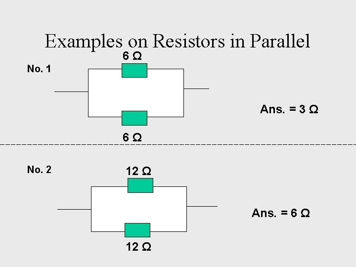 Examples on Resistors in Parallel 6Ω No. 1 Ans. = 3 Ω 6Ω No.