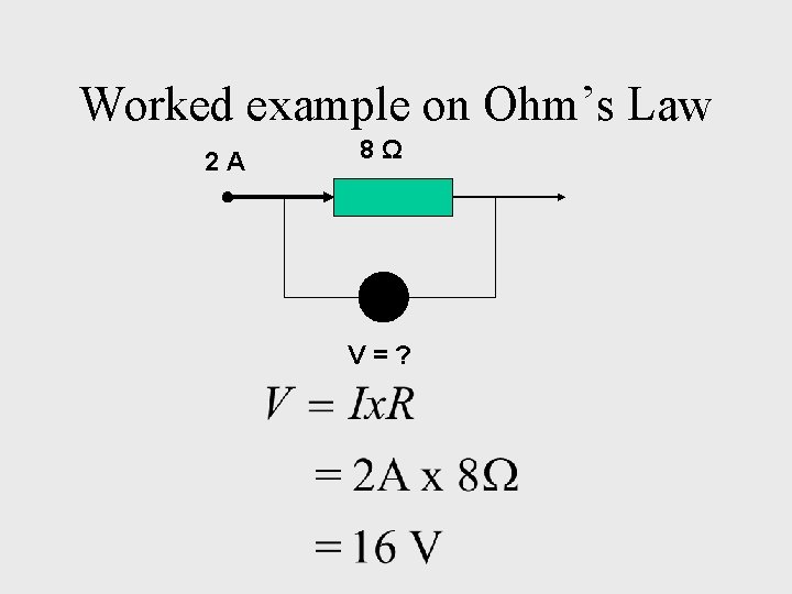 Worked example on Ohm’s Law 2 A 8Ω V=? 