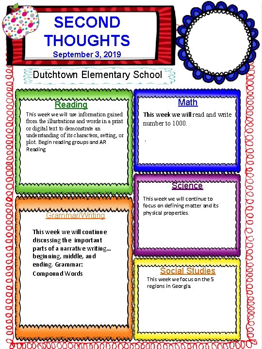 SECOND THOUGHTS September 3, 2019 Dutchtown Elementary School Math Reading This week we will