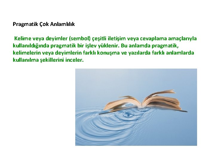 Pragmatik Çok Anlamlılık Kelime veya deyimler (sembol) çeşitli iletişim veya cevaplama amaçlarıyla kullanıldığında pragmatik