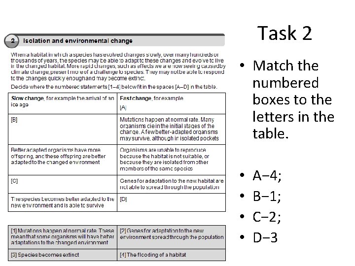Task 2 • Match the numbered boxes to the letters in the table. • Task 2 • Match the numbered boxes to the letters in the table. •