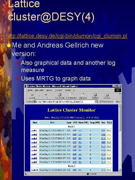 Lattice cluster@DESY(4) http: //lattice. desy. de/cgi-bin/clumon/cgi_clumon. pl ® Me and Andreas Gellrich new version: