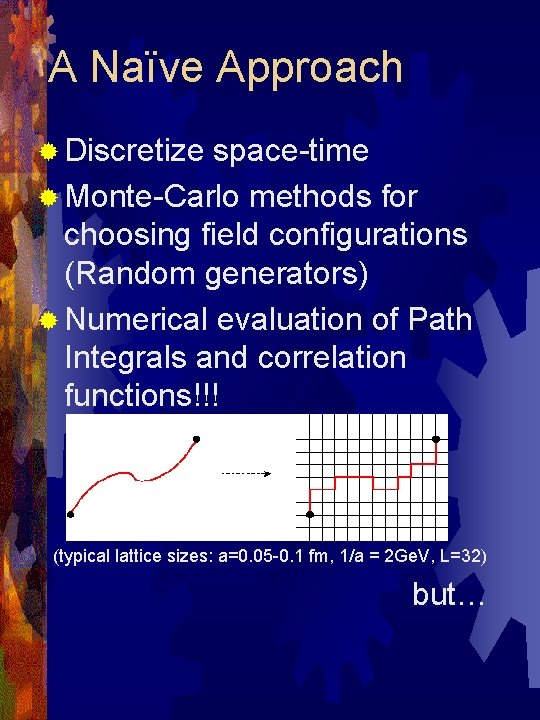 A Naïve Approach ® Discretize space-time ® Monte-Carlo methods for choosing field configurations (Random