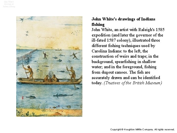 John White's drawings of Indians fishing John White, an artist with Raleigh's 1585 expedition