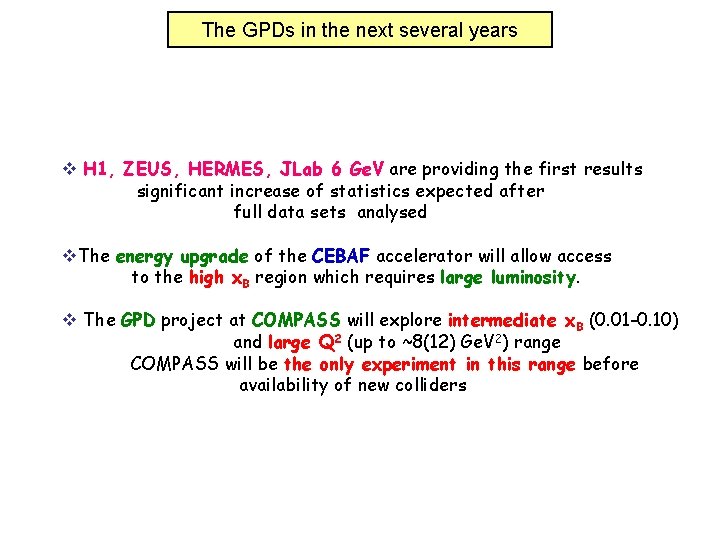 The GPDs in the next several years v H 1, ZEUS, HERMES, JLab 6