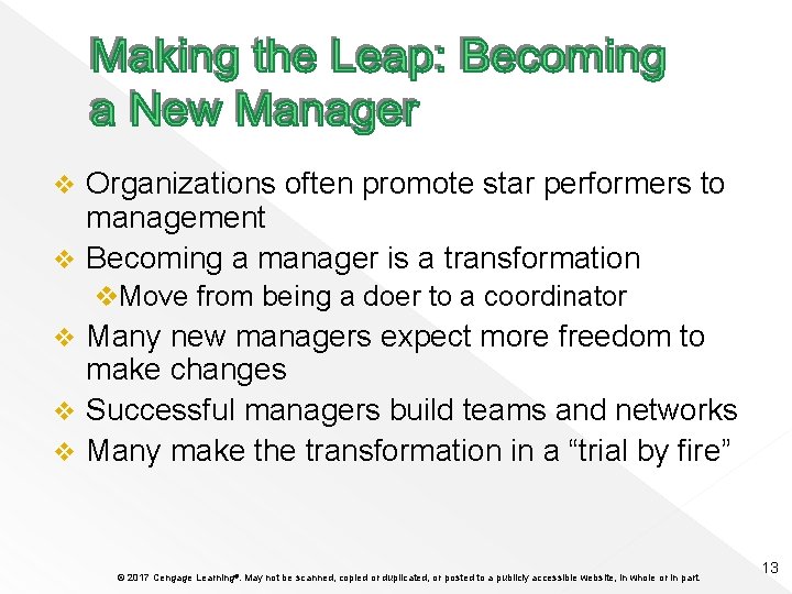 Organizations often promote star performers to management v Becoming a manager is a transformation