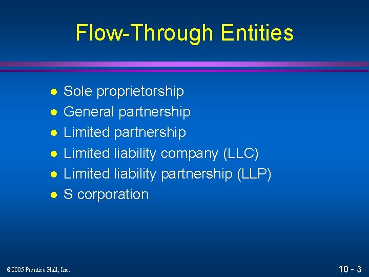 Flow-Through Entities l l l Sole proprietorship General partnership Limited liability company (LLC) Limited