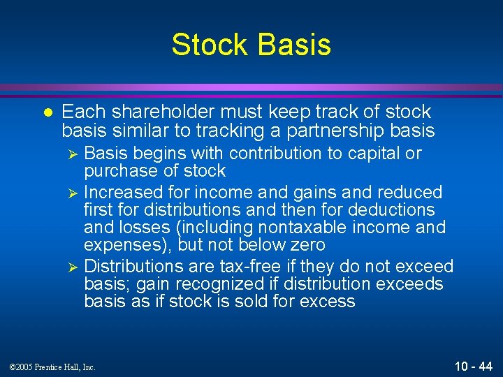 Stock Basis l Each shareholder must keep track of stock basis similar to tracking