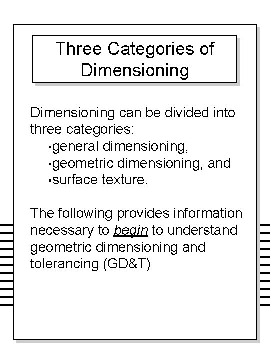 Three Categories of Dimensioning can be divided into three categories: • general dimensioning, •