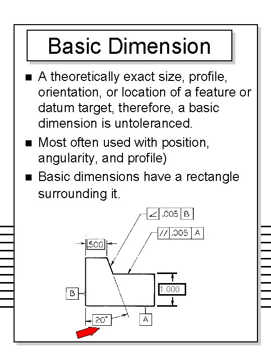 Basic Dimension n A theoretically exact size, profile, orientation, or location of a feature