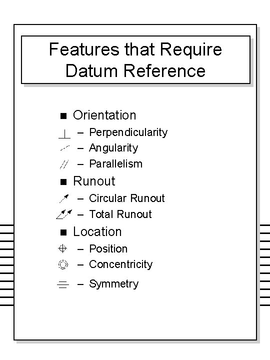 Features that Require Datum Reference n Orientation – Perpendicularity – Angularity – Parallelism n