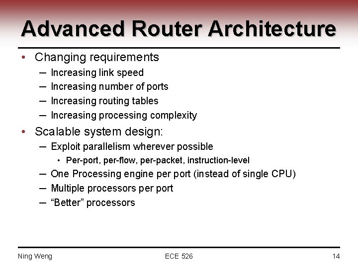 Advanced Router Architecture • Changing requirements ─ ─ Increasing link speed Increasing number of