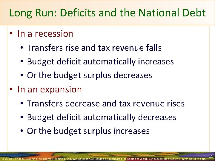 Long Run: Deficits and the National Debt • In a recession • Transfers rise