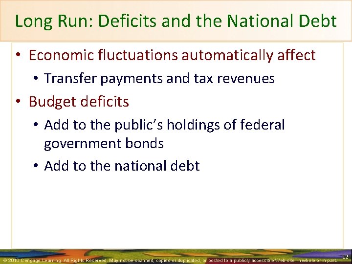 Long Run: Deficits and the National Debt • Economic fluctuations automatically affect • Transfer