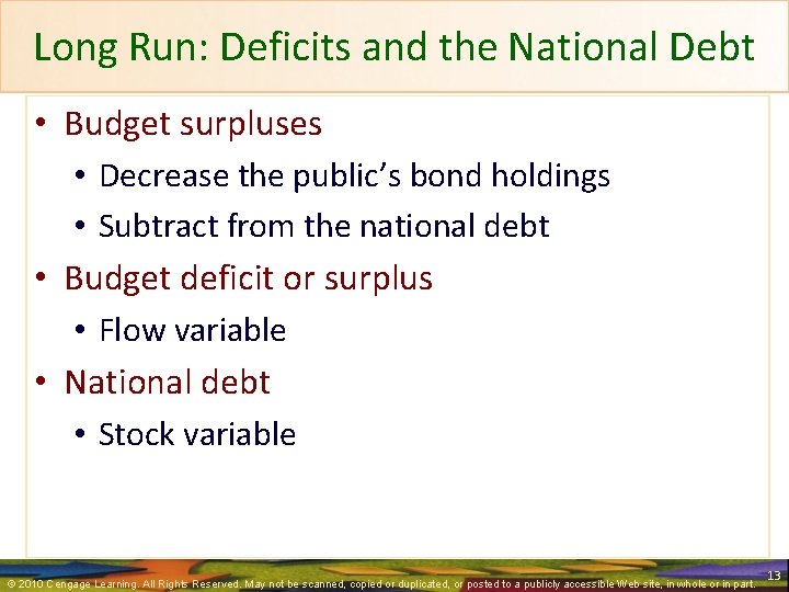 Long Run: Deficits and the National Debt • Budget surpluses • Decrease the public’s