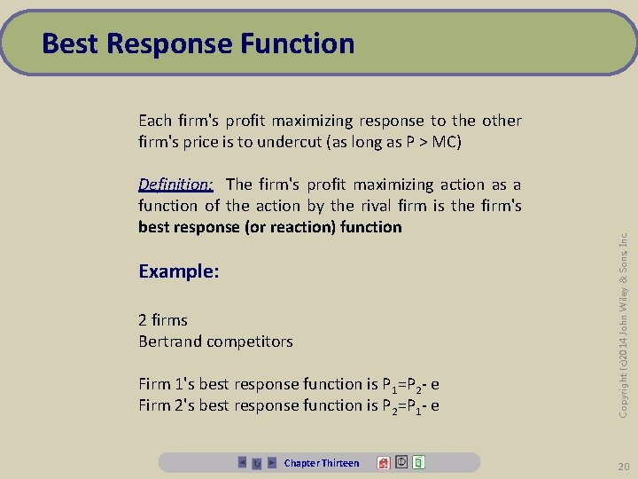 Best Response Function Definition: The firm's profit maximizing action as a function of the