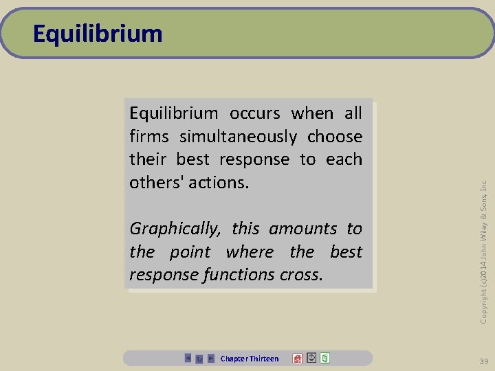 Equilibrium occurs when all firms simultaneously choose their best response to each others' actions.