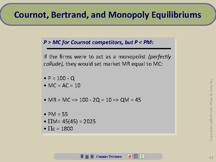 Cournot, Bertrand, and Monopoly Equilibriums P > MC for Cournot competitors, but P <