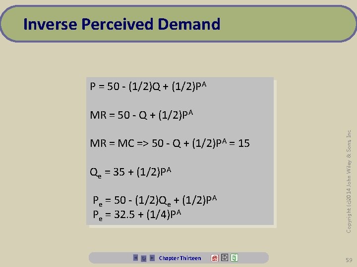 Inverse Perceived Demand P = 50 - (1/2)Q + (1/2)PA MR = MC =>