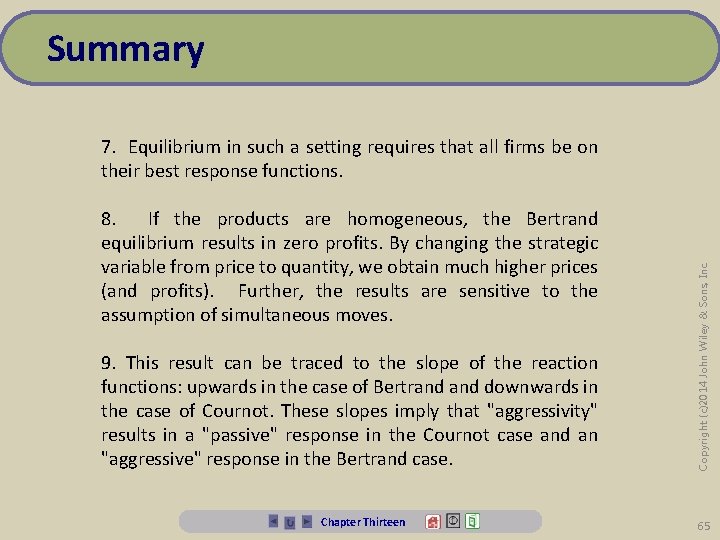 Summary 8. If the products are homogeneous, the Bertrand equilibrium results in zero profits.