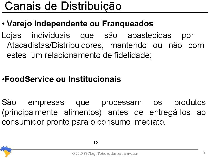 Canais de Distribuição • Varejo Independente ou Franqueados Lojas individuais que são abastecidas por