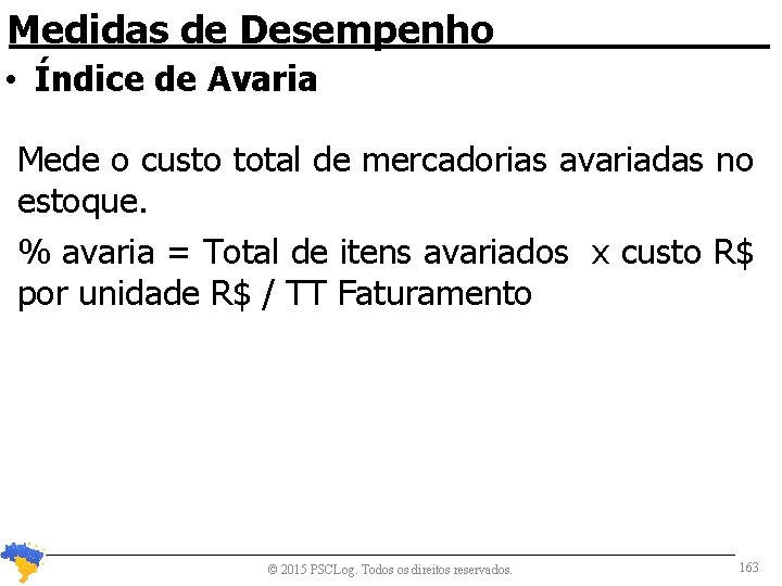 Medidas de Desempenho • Índice de Avaria Mede o custo total de mercadorias avariadas