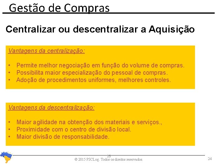 Gestão de Compras Centralizar ou descentralizar a Aquisição Vantagens da centralização: • Permite melhor