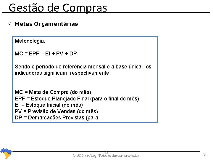 Gestão de Compras Metas Orçamentárias Metodologia: MC = EPF – EI + PV +