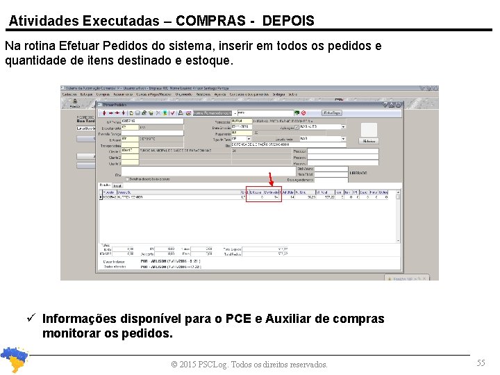 Atividades Executadas – COMPRAS - DEPOIS Na rotina Efetuar Pedidos do sistema, inserir em