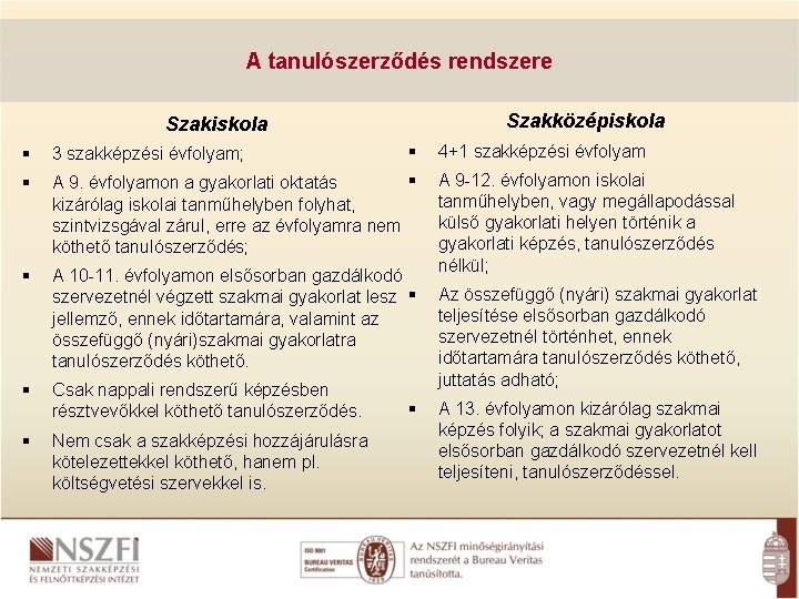 A tanulószerződés rendszere Szakközépiskola Szakiskola 3 szakképzési évfolyam; A 9. évfolyamon a gyakorlati oktatás