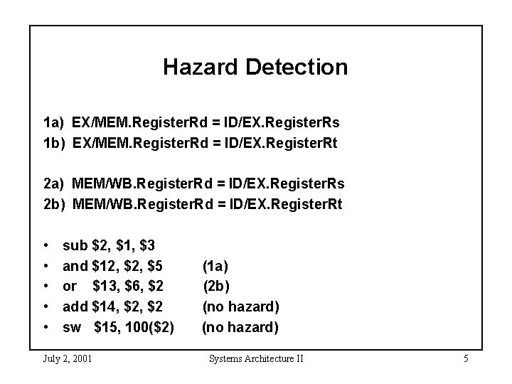 Hazard Detection 1 a) EX/MEM. Register. Rd = ID/EX. Register. Rs 1 b) EX/MEM.