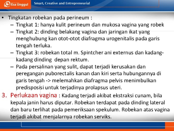  • Tingkatan robekan pada perineum : – Tingkat 1: hanya kulit perineum dan