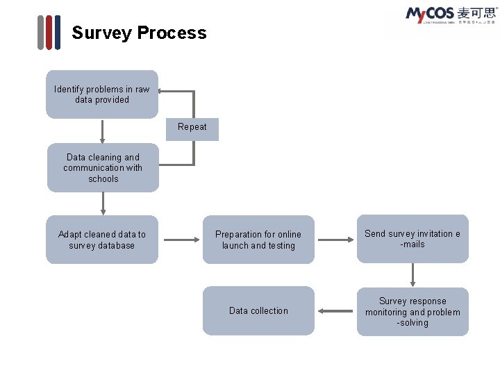 Survey Process Identify problems in raw data provided Repeat Data cleaning and communication with