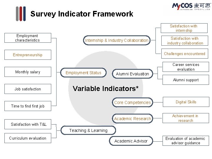 Survey Indicator Framework Satisfaction with internship Employment characteristics Internship & Industry Collaboration Challenges encountered