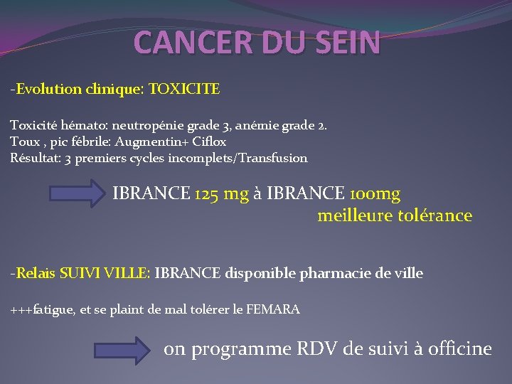 CANCER DU SEIN -Evolution clinique: TOXICITE Toxicité hémato: neutropénie grade 3, anémie grade 2.