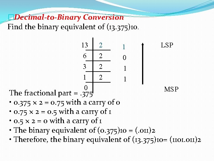�Decimal-to-Binary Conversion Find the binary equivalent of (13. 375)10. 13 6 3 1 0