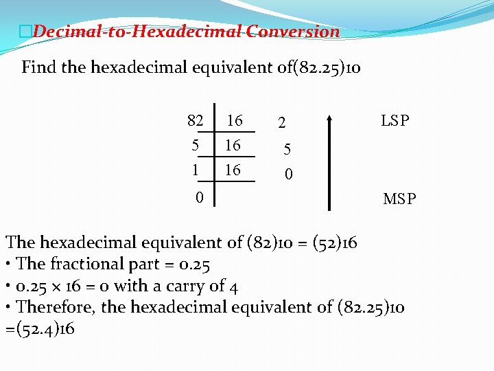 �Decimal-to-Hexadecimal Conversion Find the hexadecimal equivalent of(82. 25)10 82 5 1 0 16 16