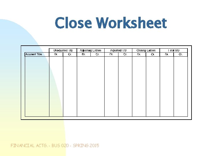 Close Worksheet FINANCIAL ACTG. - BUS 020 - SPRING 2015 