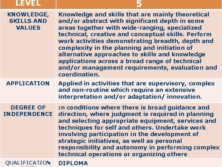 LEVEL 5 KNOWLEDGE, SKILLS AND VALUES Knowledge and skills that are mainly theoretical and/or