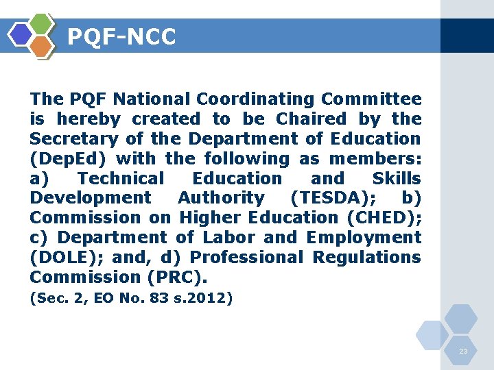PQF-NCC The PQF National Coordinating Committee is hereby created to be Chaired by the