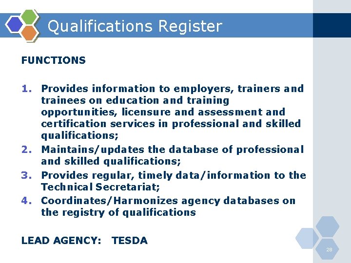 Qualifications Register FUNCTIONS 1. Provides information to employers, trainers and trainees on education and