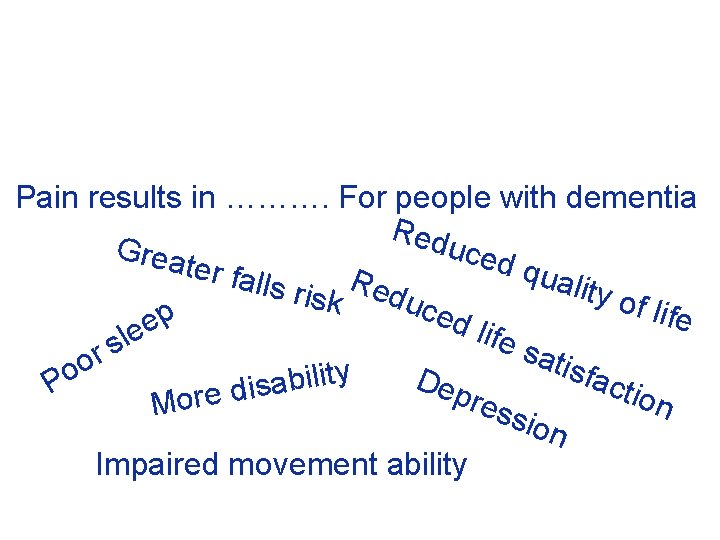 Pain results in ………. For people with dementia Red uced Grea ter fa qua