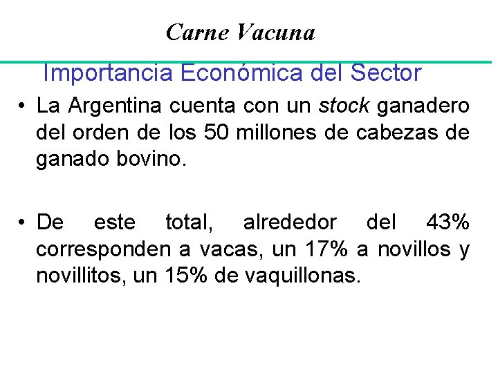 Carne Vacuna Importancia Económica del Sector • La Argentina cuenta con un stock ganadero