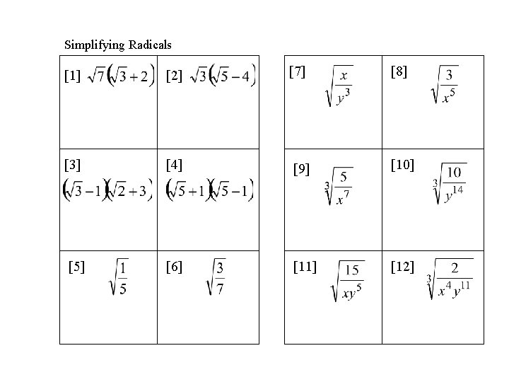 Simplifying Radicals [1] [2] [7] [8] [3] [4] [9] [10] [5] [6] [11] [12]