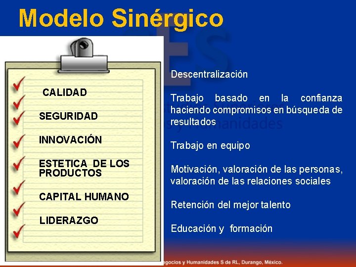Modelo Sinérgico Descentralización CALIDAD SEGURIDAD INNOVACIÓN ESTETICA DE LOS PRODUCTOS CAPITAL HUMANO LIDERAZGO Trabajo