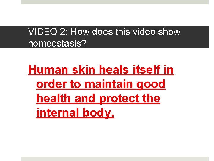 VIDEO 2: How does this video show homeostasis? Human skin heals itself in order