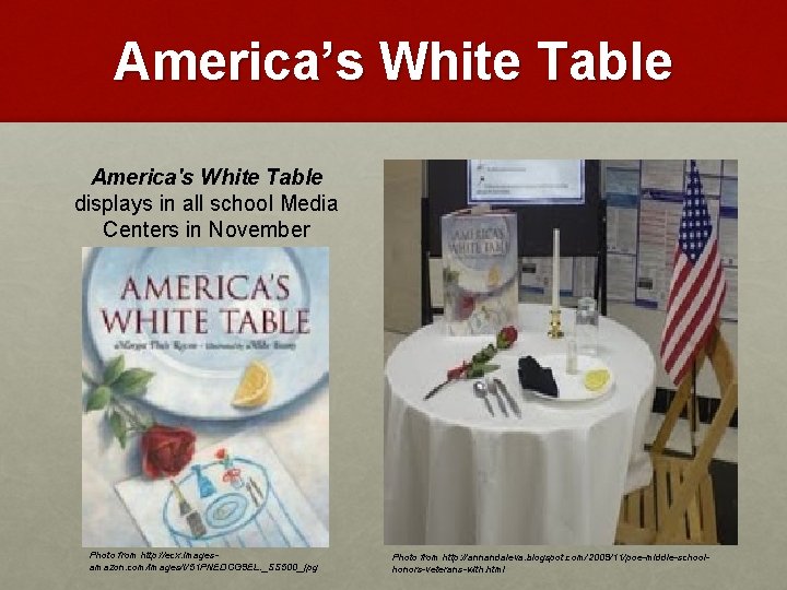 America’s White Table America's White Table displays in all school Media Centers in November