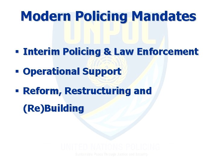 Modern Policing Mandates § Interim Policing & Law Enforcement § Operational Support § Reform,