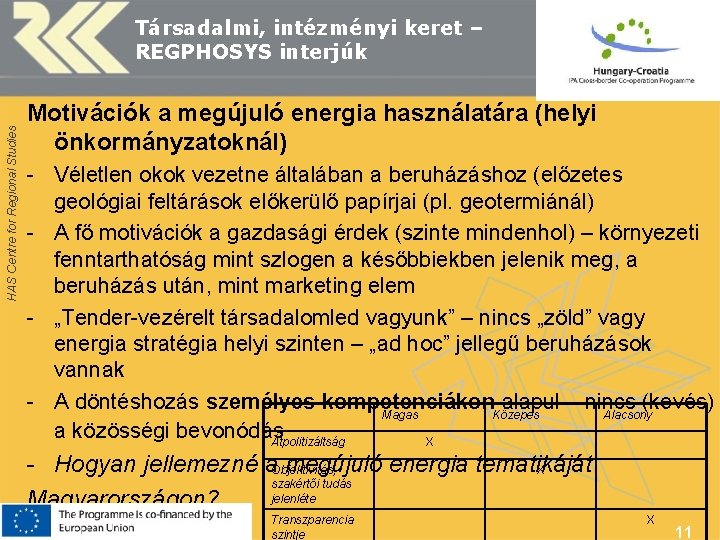 HAS Centre for Regional Studies Társadalmi, intézményi keret – REGPHOSYS interjúk Motivációk a megújuló