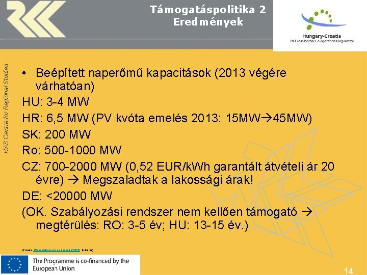HAS Centre for Regional Studies Támogatáspolitika 2 Eredmények • Beépített naperőmű kapacitások (2013 végére